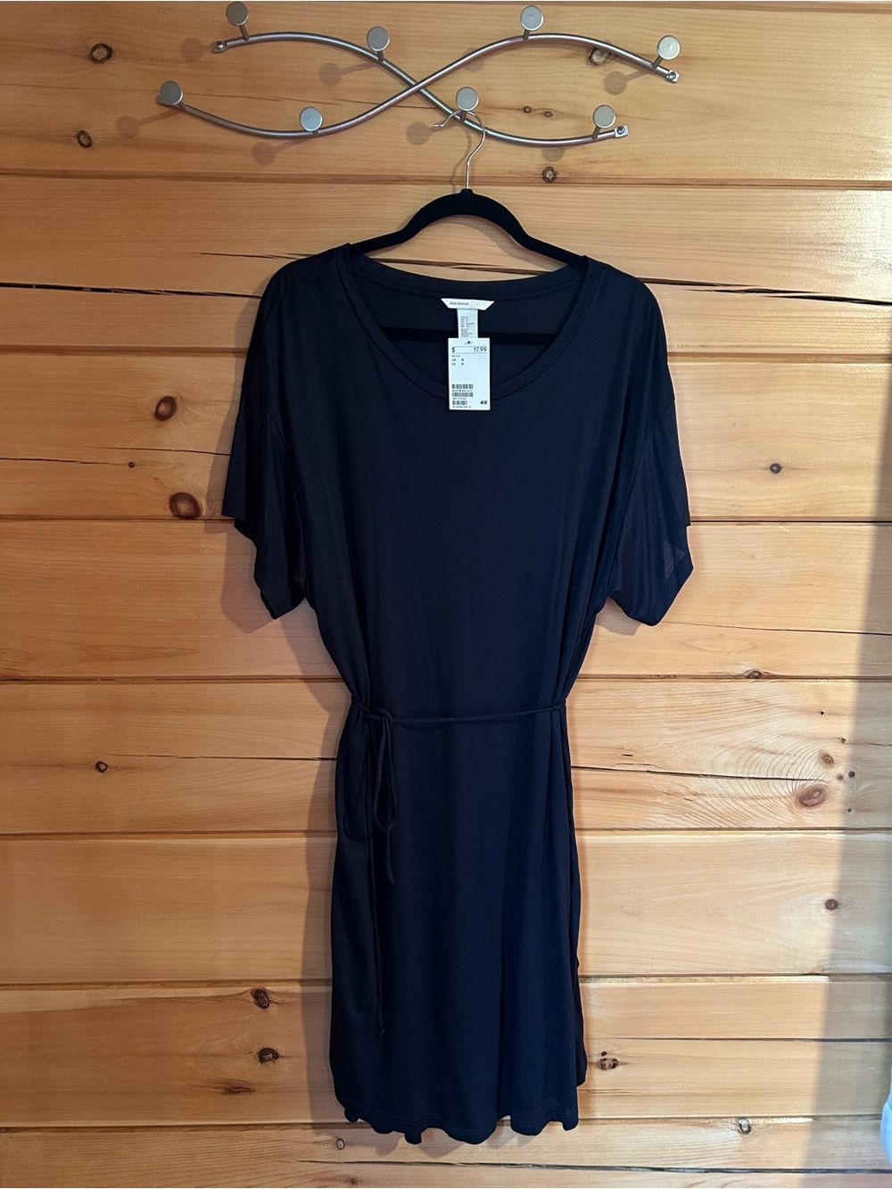 H&M Black Midi Tie-Waist Short Sleeve Dress